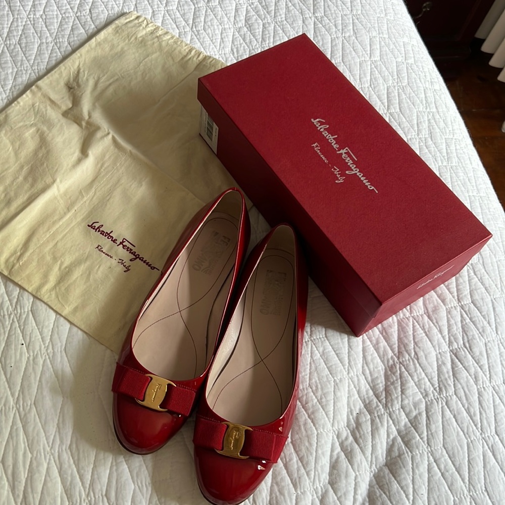 Ferragamo flats, shiny red